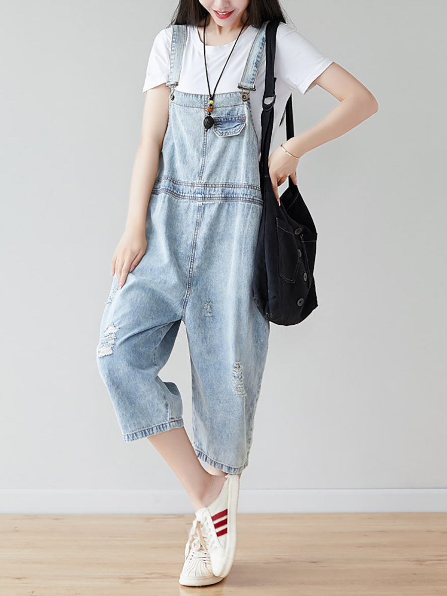 Damen Retro Ausgefranster Einfarbiger Denim-Overall in Claf-Länge CO1019 