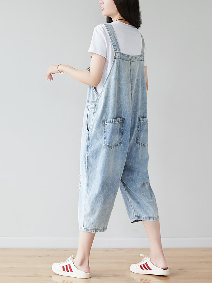 Damen Retro Ausgefranster Einfarbiger Denim-Overall in Claf-Länge CO1019 