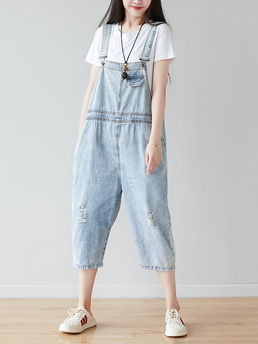 Damen Retro Ausgefranster Einfarbiger Denim-Overall in Claf-Länge CO1019 