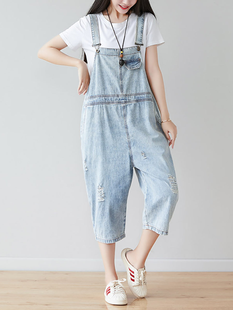 Damen Retro Ausgefranster Einfarbiger Denim-Overall in Claf-Länge CO1019 