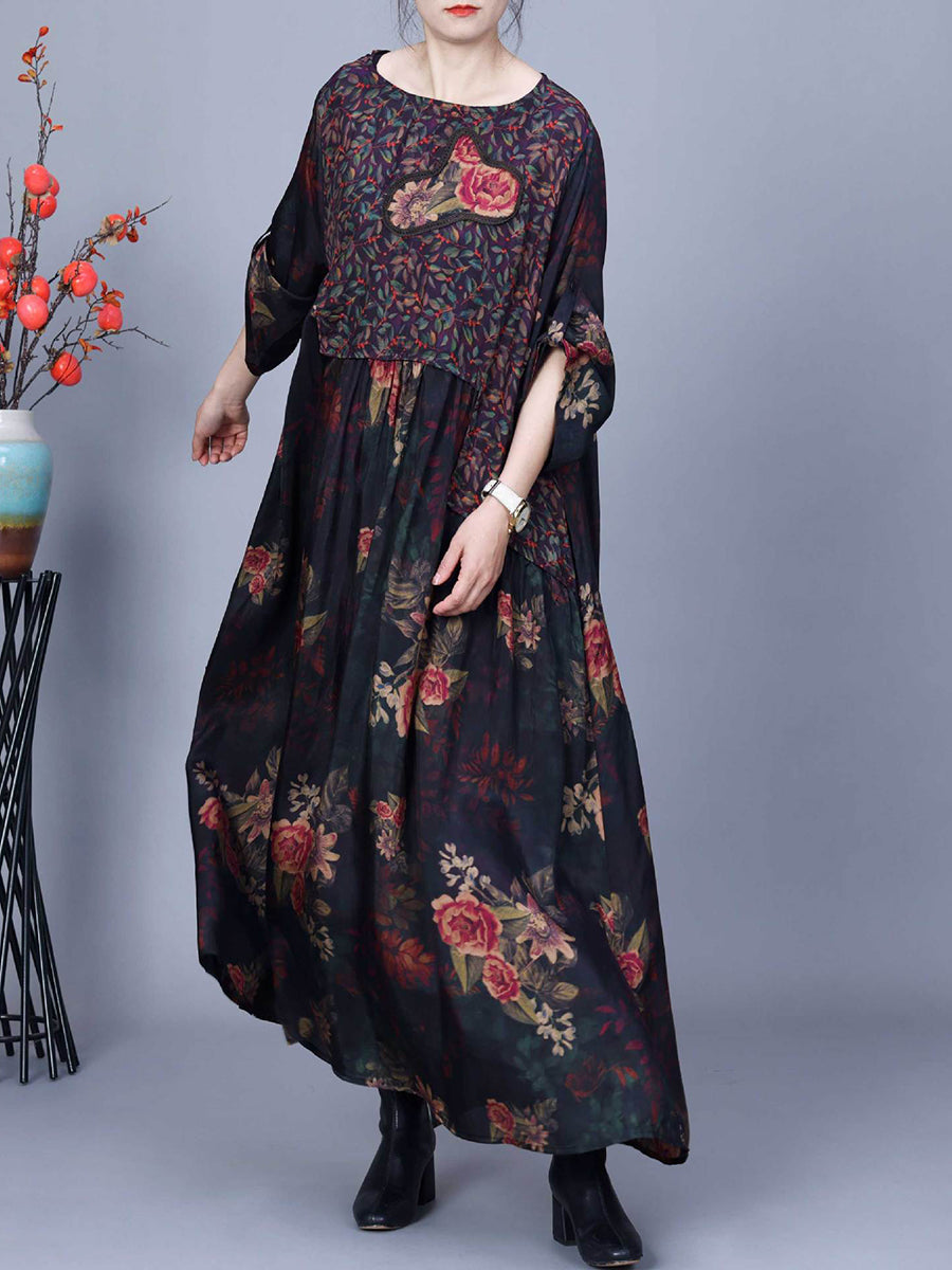 Women Vintage Floral Spliced Spring Loose Dress CO1011