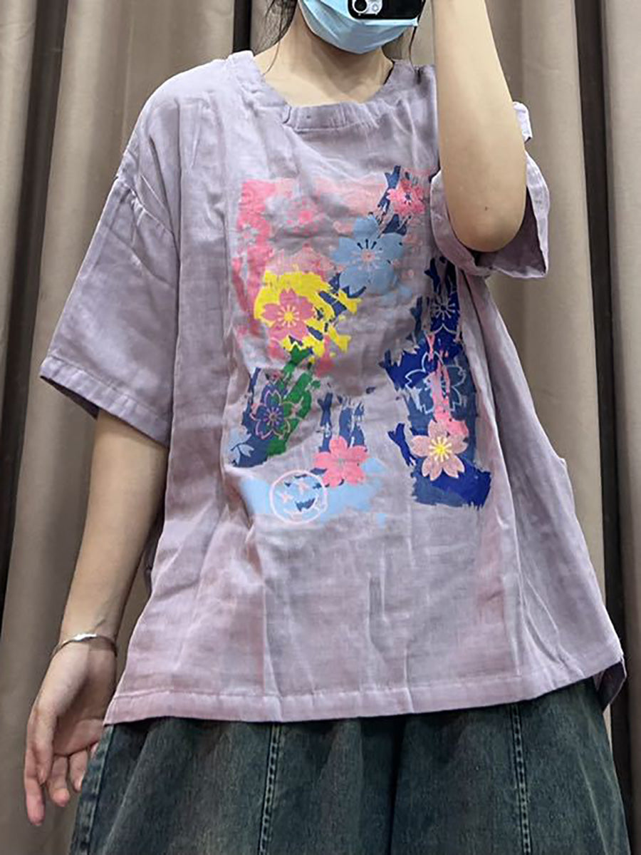 Women Spring Flower Print Vintage Cotton Loose Shirt CO1023