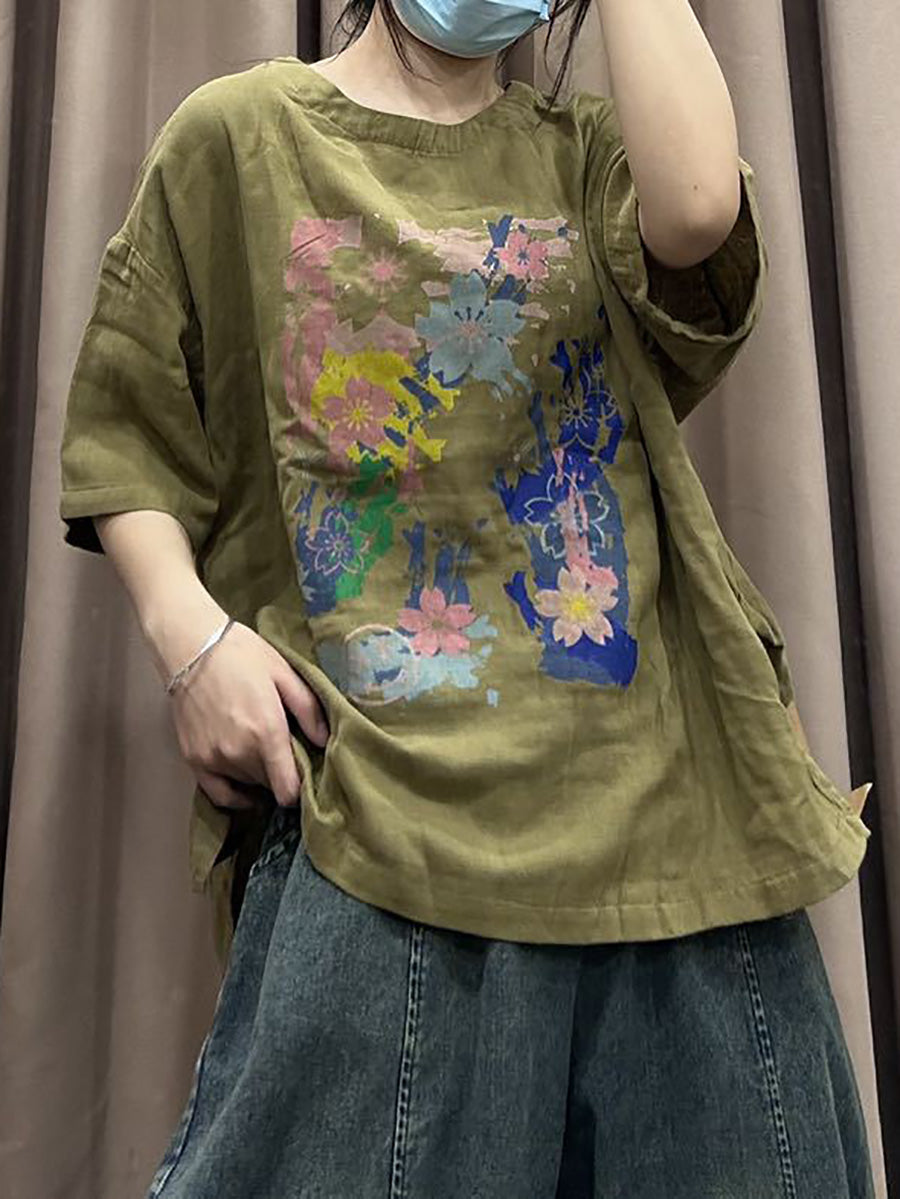 Women Spring Flower Print Vintage Cotton Loose Shirt CO1023