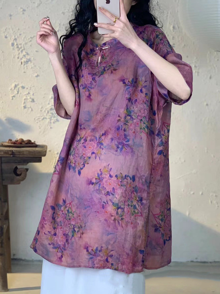 Chemise longue en ramie à fleurs vintage pour femme PA1013