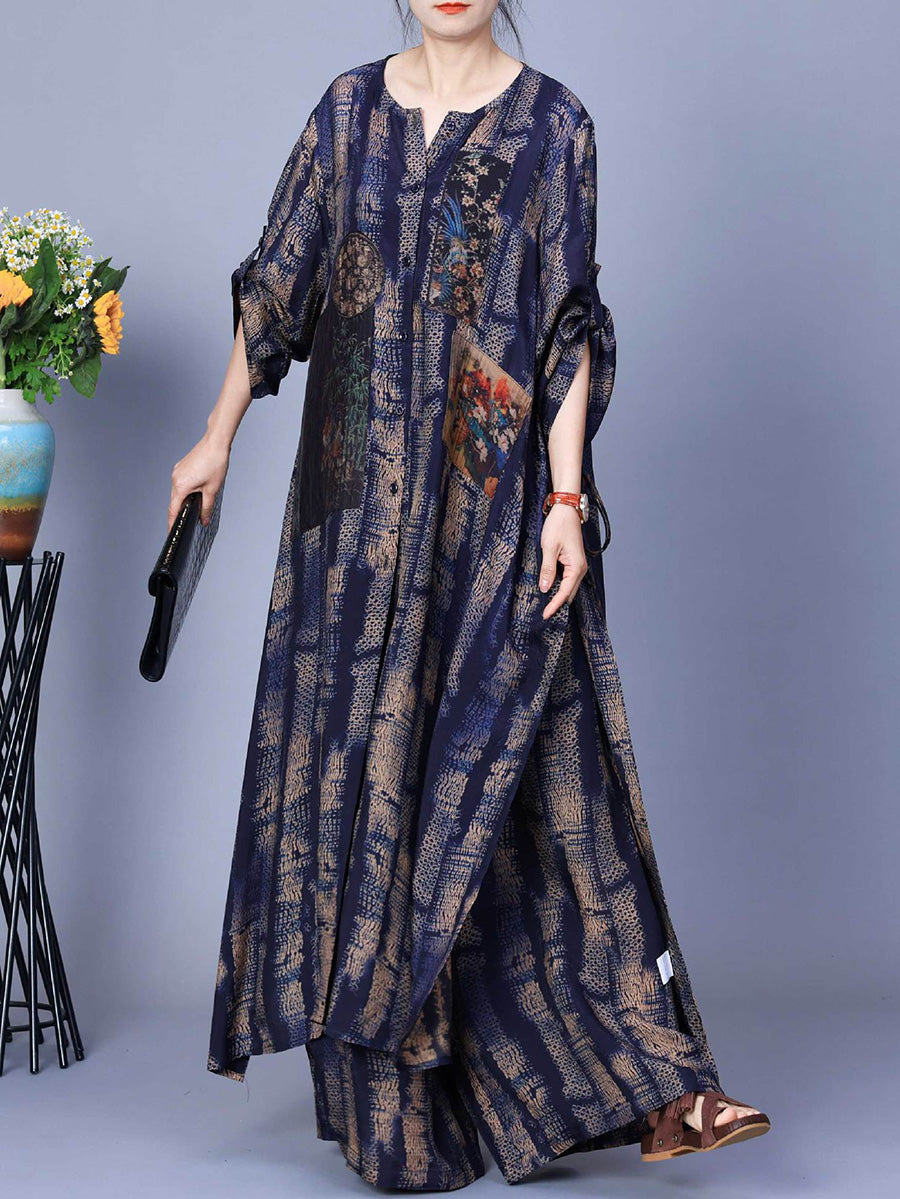 Women Spring Vintage Patch Spliced Long Shirt+Pants PA1023