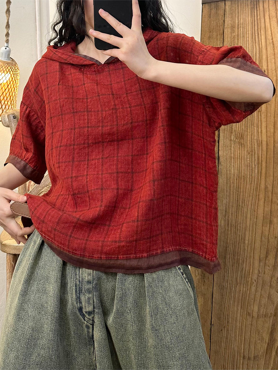 Chemise à capuche en ramie à carreaux vintage pour femme KL1028