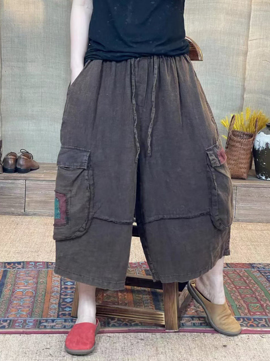 Women Retro Spliced Summer Loose Wide-leg Pants KL1027