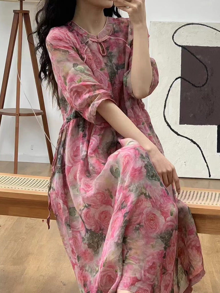 Women Summer Artsy Floral Ramie Loose Dress KL1029