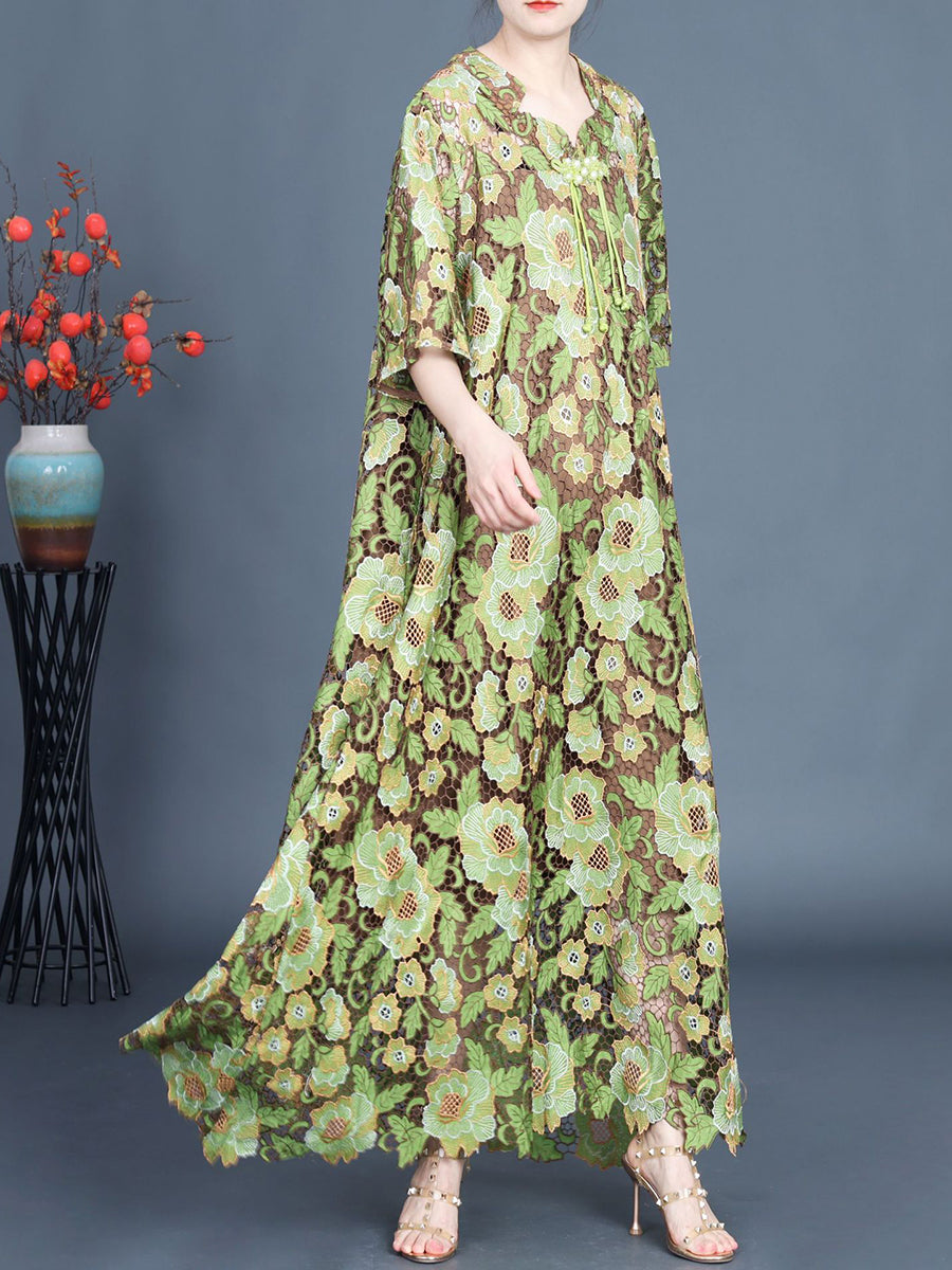 Robe longue d'été à double épaisseur en dentelle florale pour femme KL1051