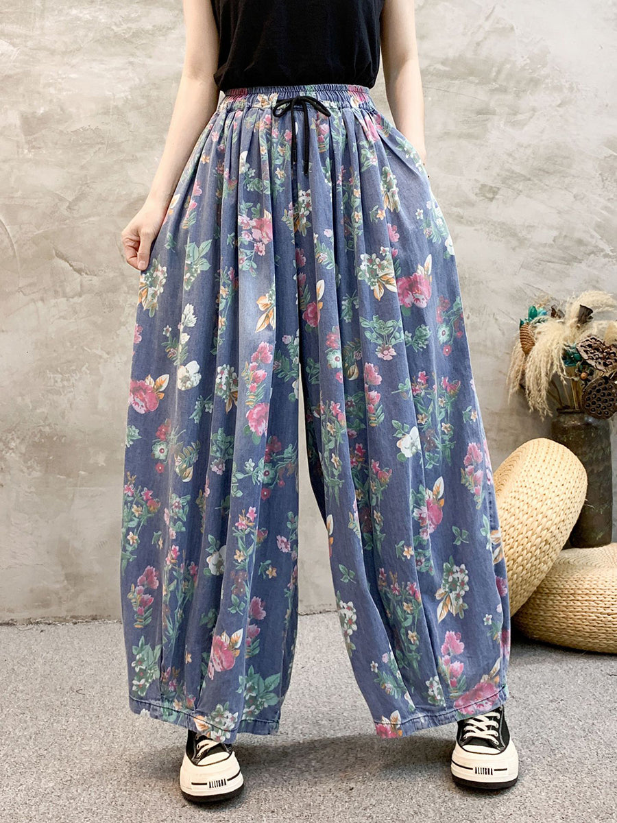 Women Artsy Summer Floral Denim Wide-leg Pants KL1055