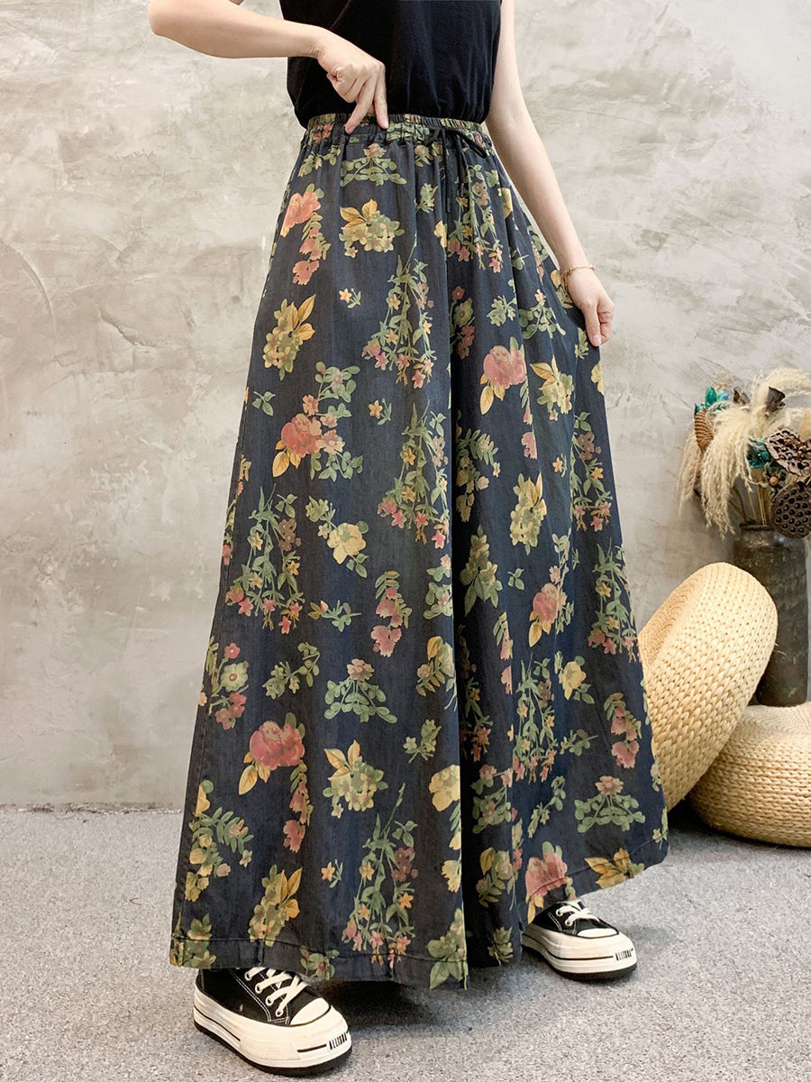 Women Artsy Summer Floral Denim Wide-leg Pants KL1055