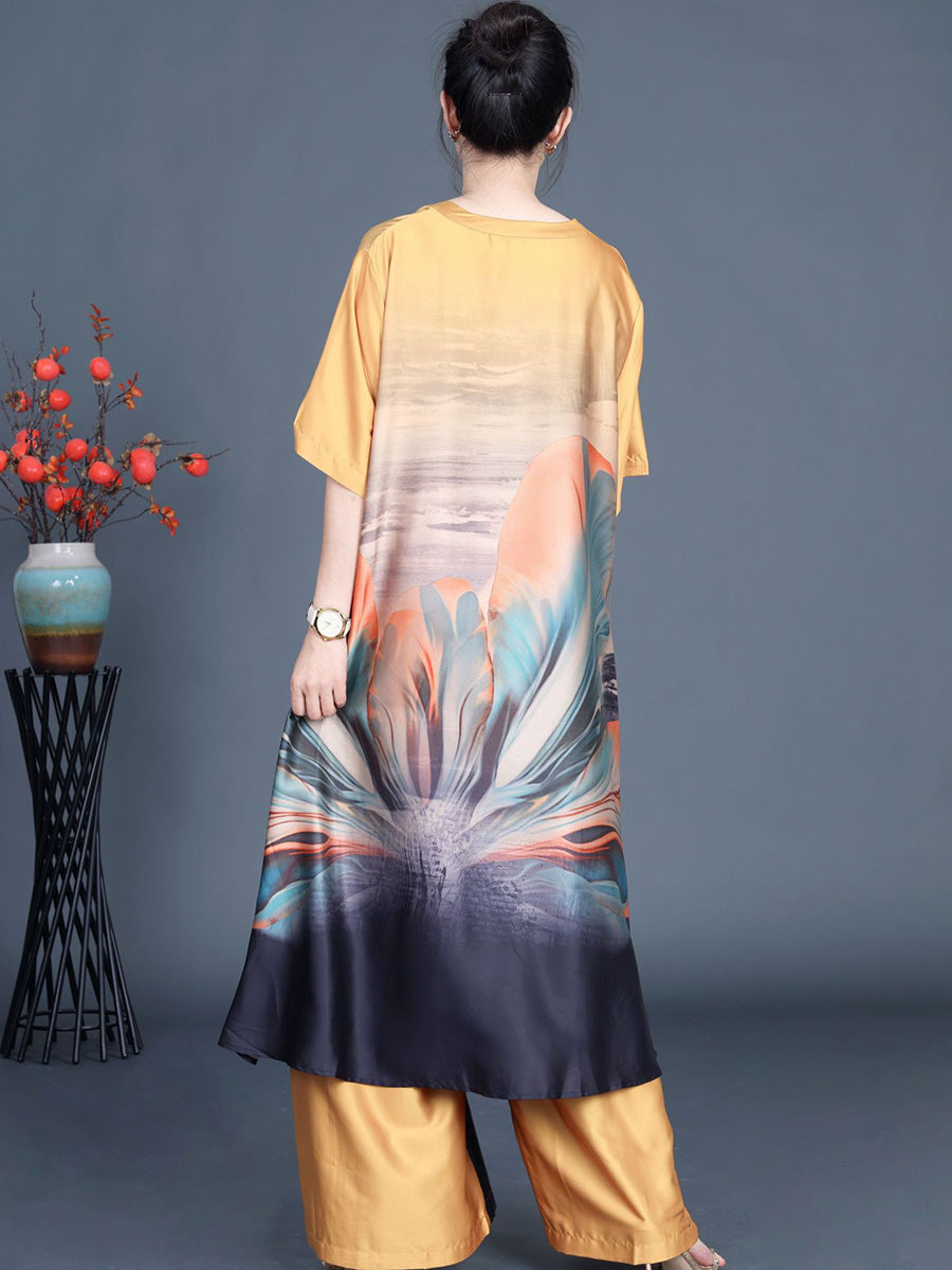 Women Vintage Irregular Flower Long Shirt+Pants PA1036