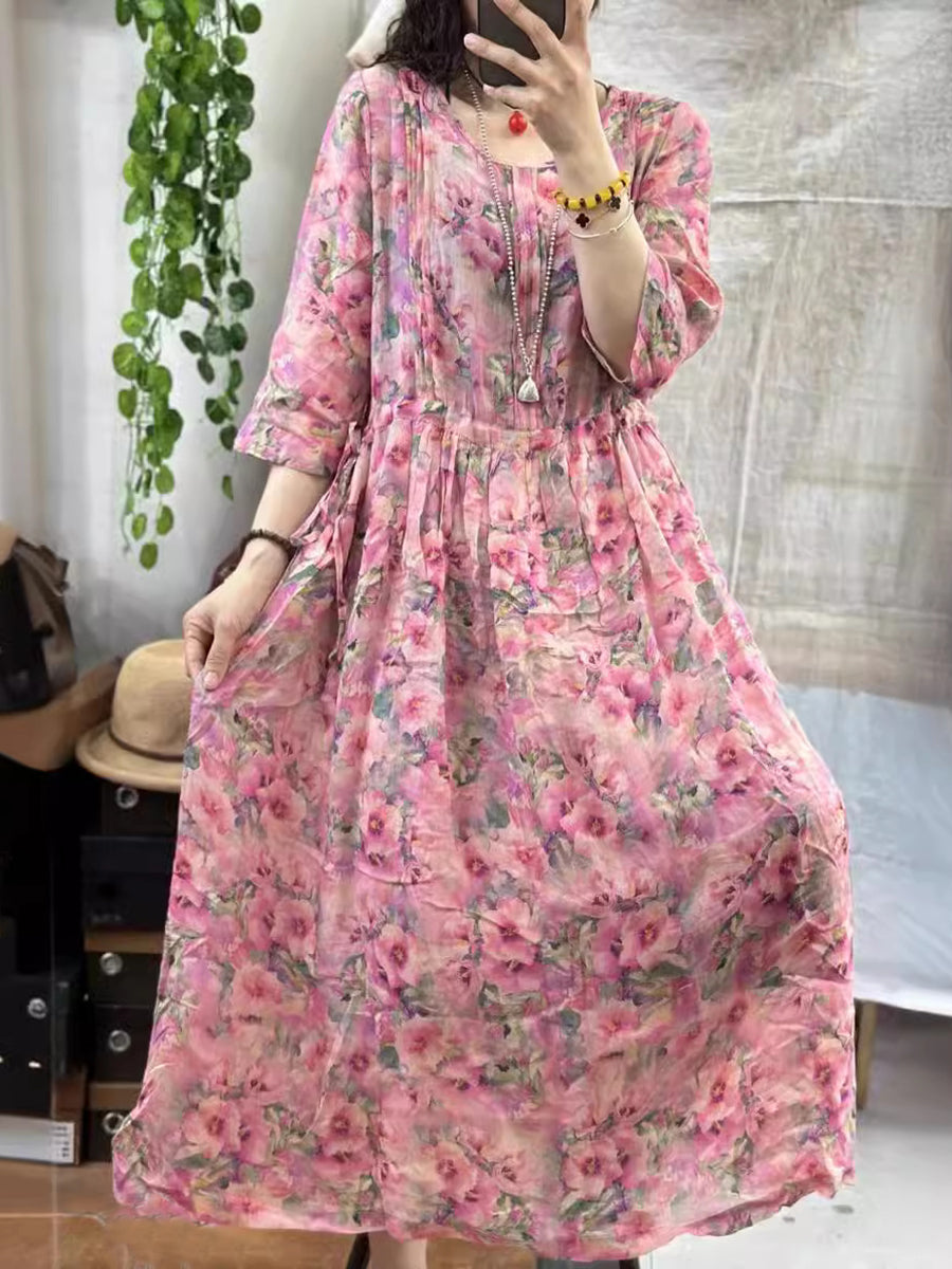 Robe d'été ample à fleurs vintage pour femmes, en ramie froncée, KL1004