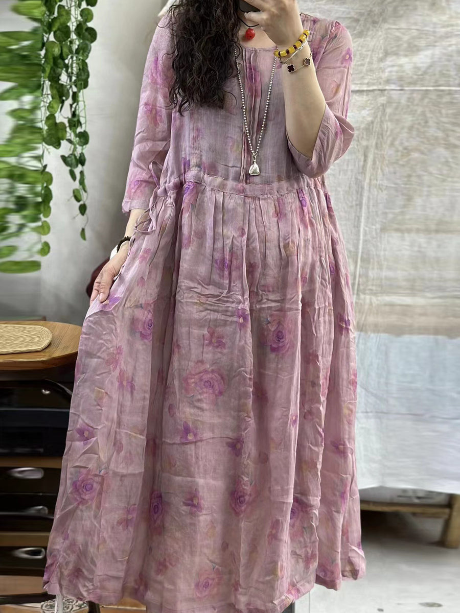 Robe d'été ample à fleurs vintage pour femmes, en ramie froncée, KL1004