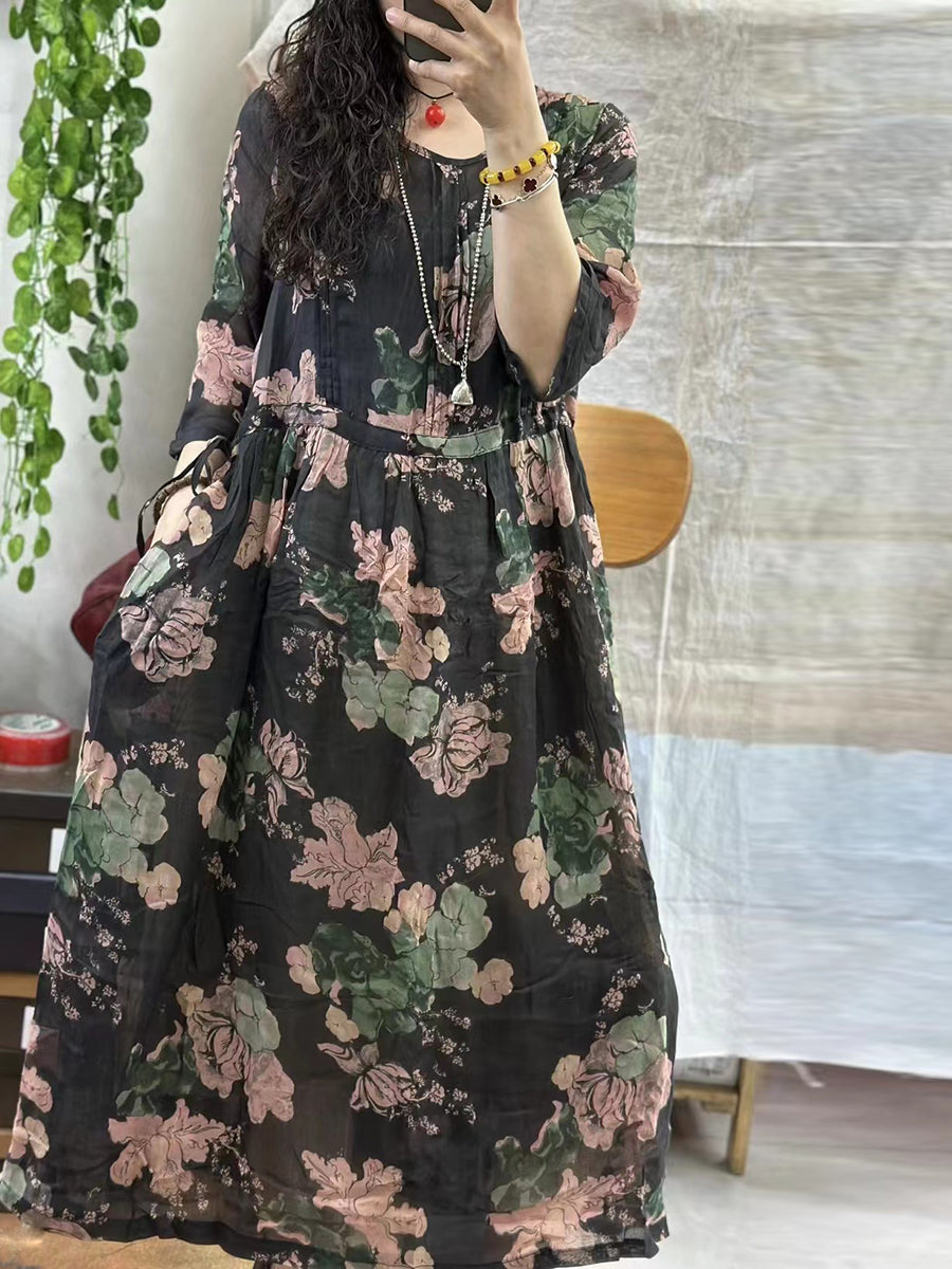 Robe d'été ample à fleurs vintage pour femmes, en ramie froncée, KL1004