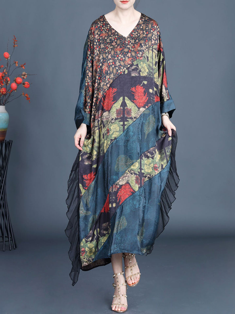 Women Summer Artsy Floral Spliced V-Neck Dress SC1006