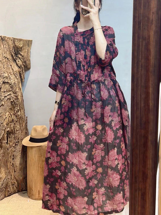 Robe ample d'été vintage à fleurs en ramie pour femmes SC1020