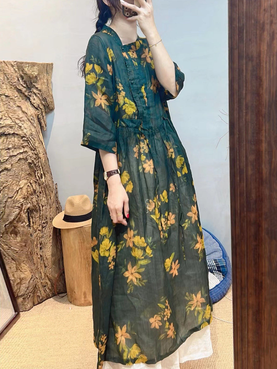 Women Summer Vintage Flower Ramie Loose Dress SC1020