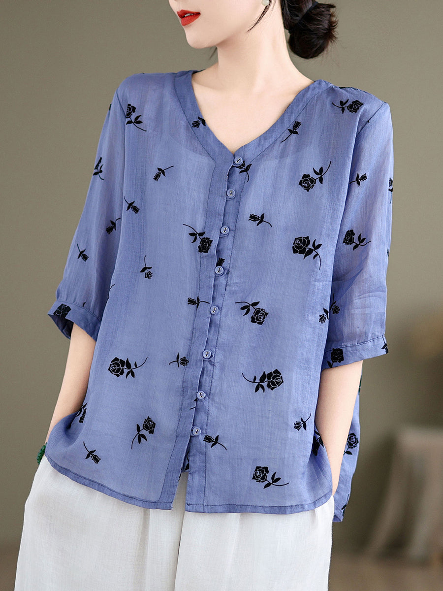 Women Spring Vintage Floral Ramie Button-up Shirt SC1024