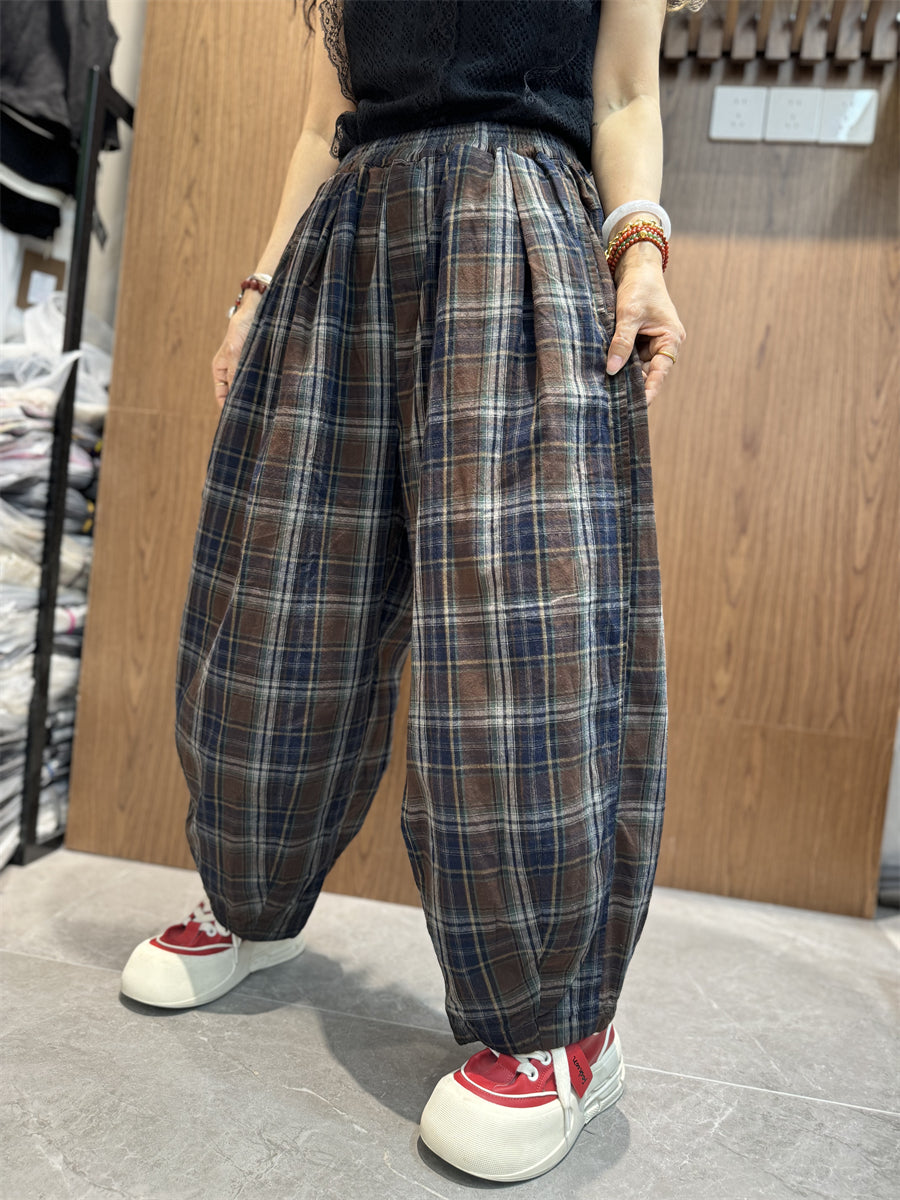 Plus Size Women Vintage Summer Plaid Cotton Linen Harem Pants SC1030