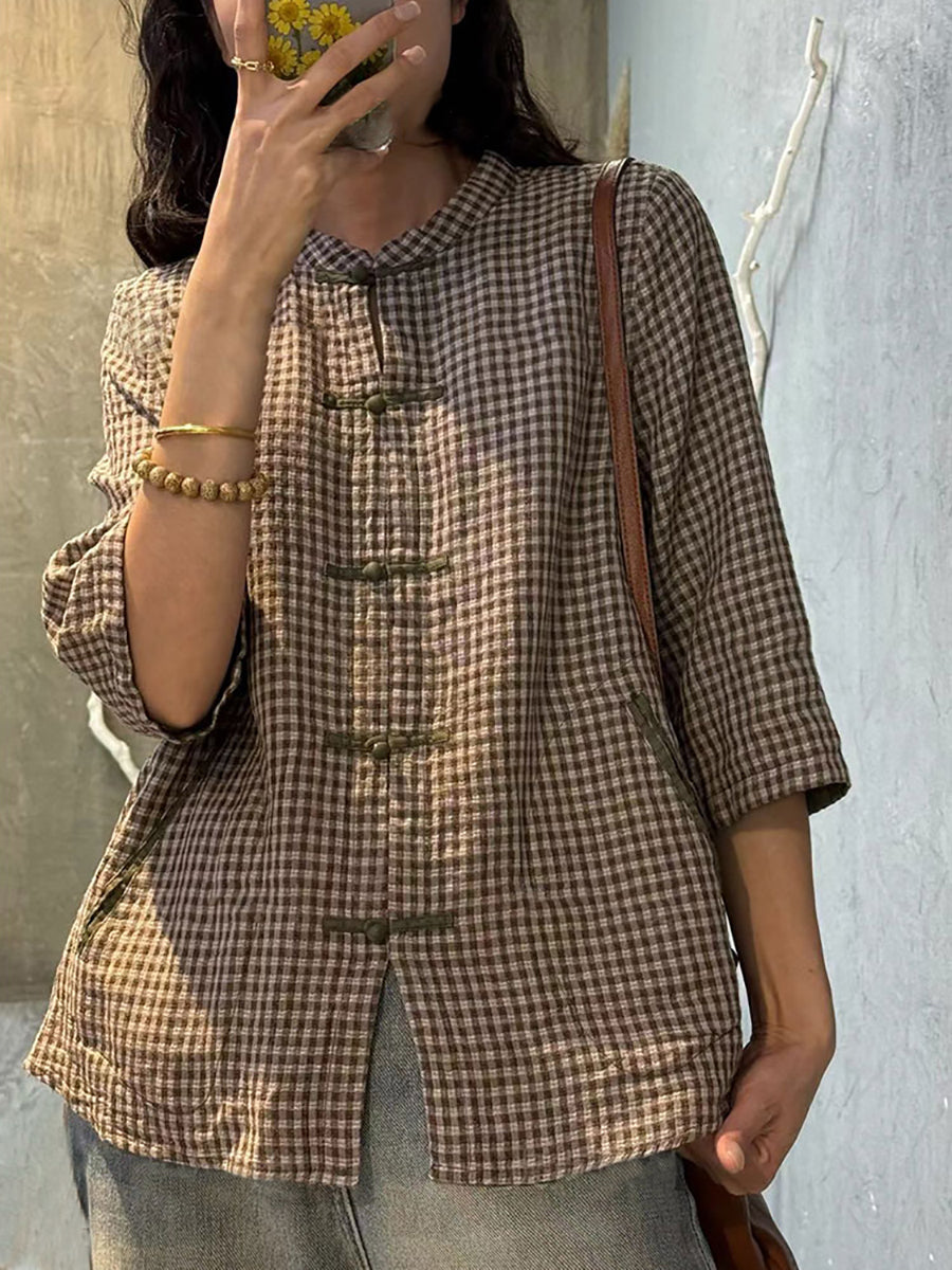 Plus Size Women Retro Plaid Summer Cotton Button-up Shirt ZZ1018