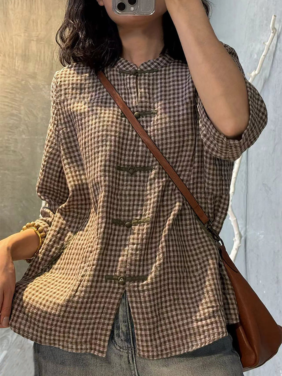 Plus Size Women Retro Plaid Summer Cotton Button-up Shirt XX1062