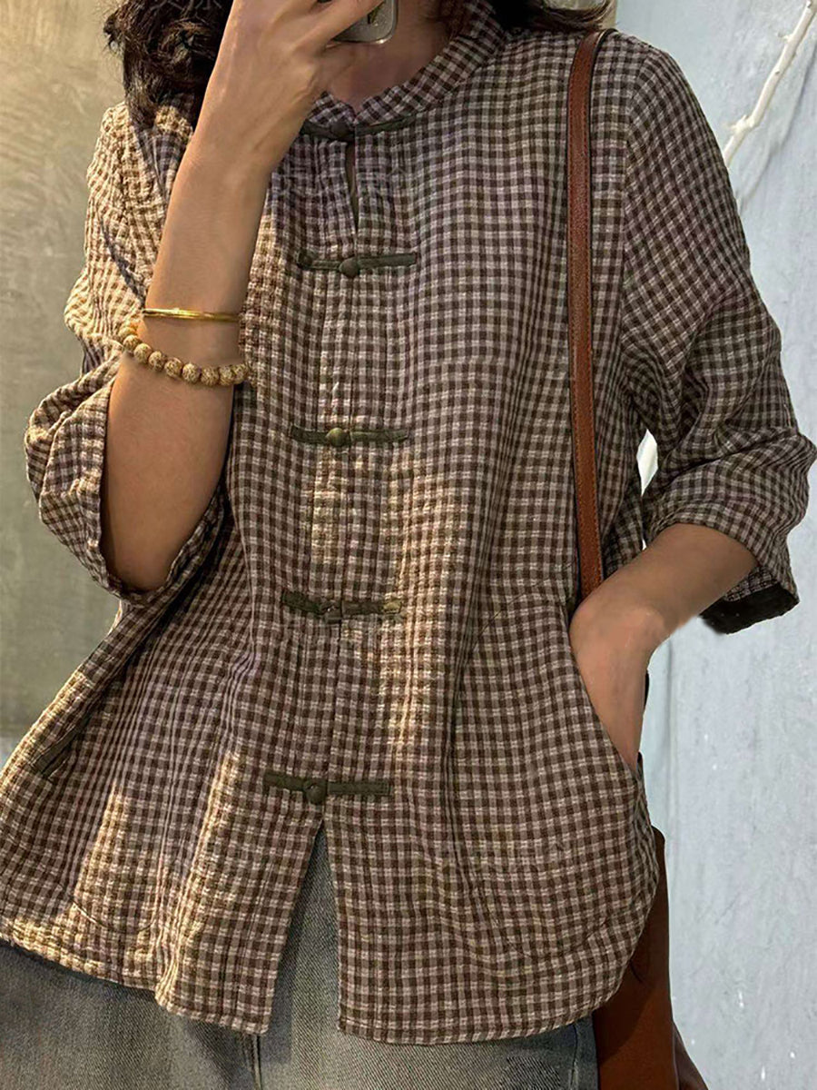 Plus Size Women Retro Plaid Summer Cotton Button-up Shirt XX1062