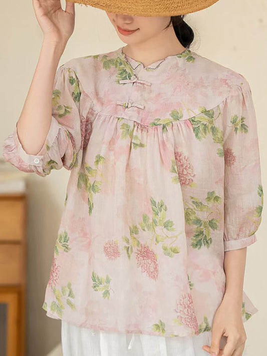 Women Summer Artsy Floral Ramie Loose Shirt XX1033