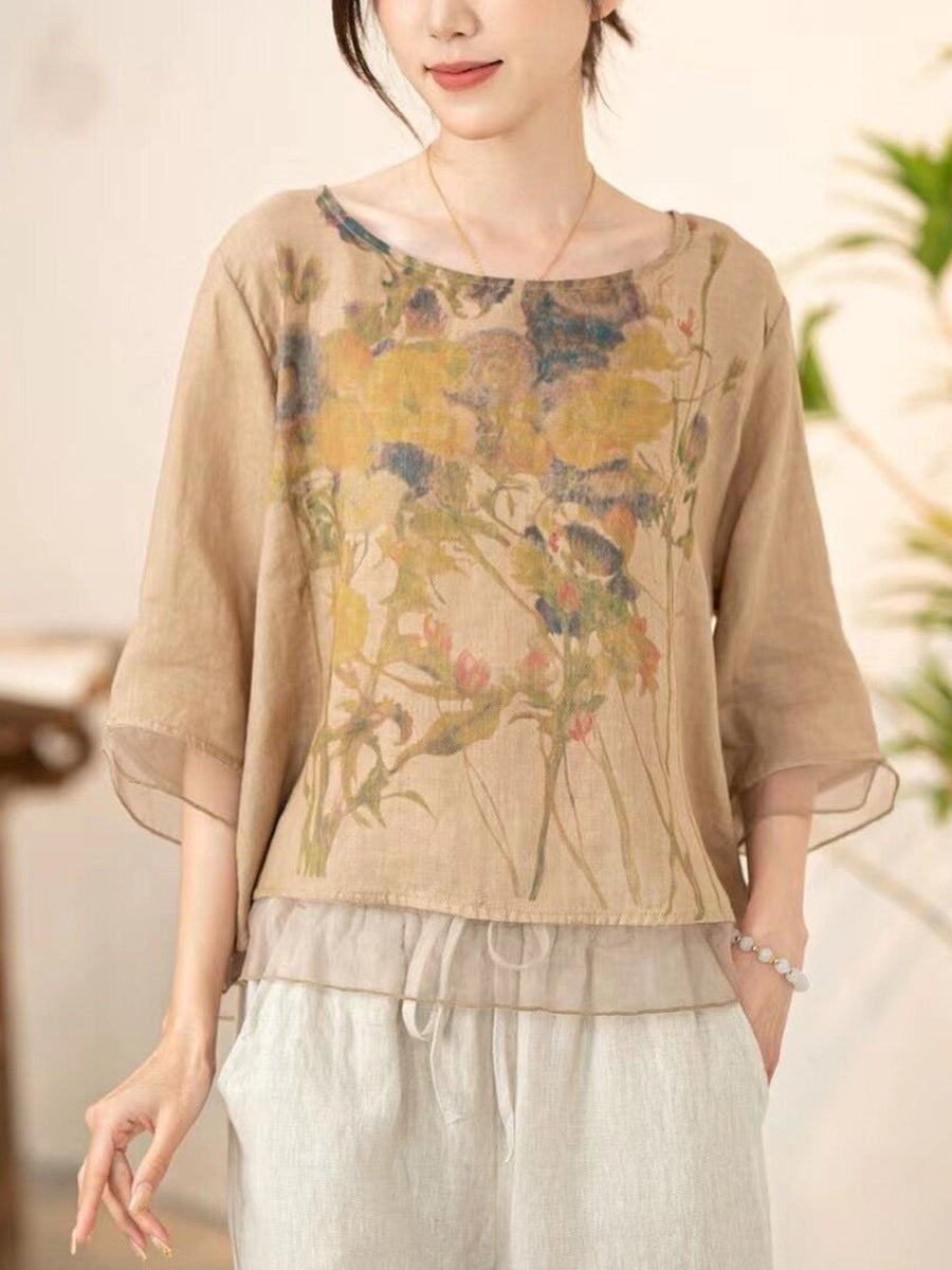 Women Summer Vintage Flower Spliced O-Neck Shirt XX1034