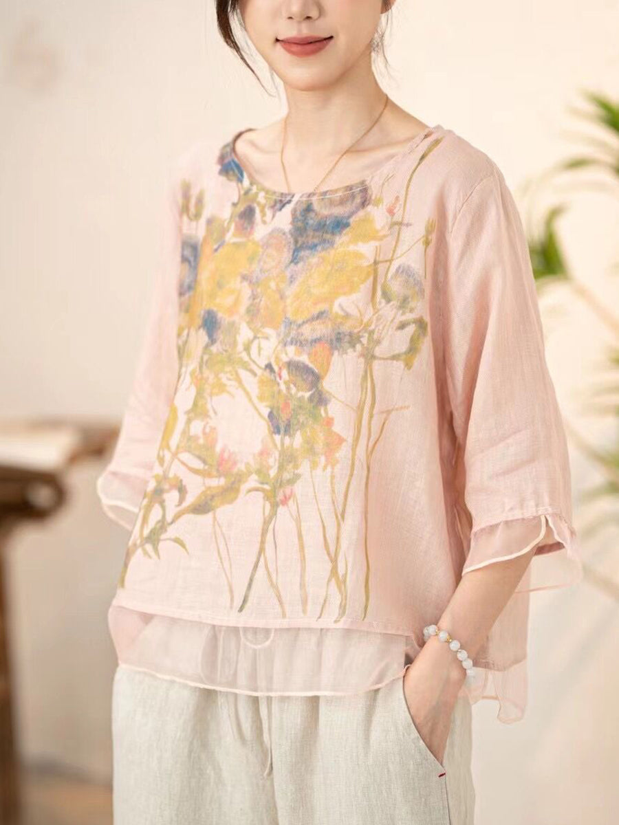 Women Summer Vintage Flower Spliced O-Neck Shirt XX1034