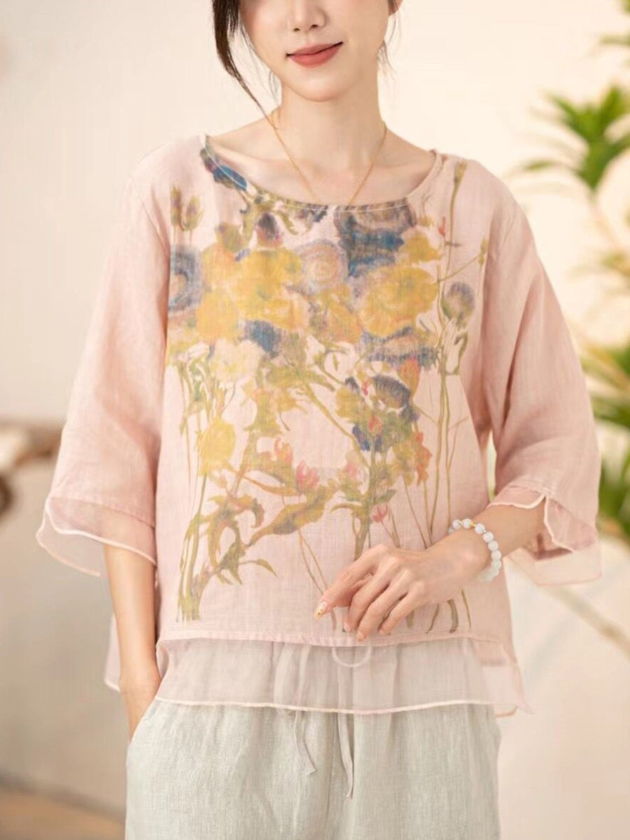 Women Summer Vintage Flower Spliced O-Neck Shirt XX1034