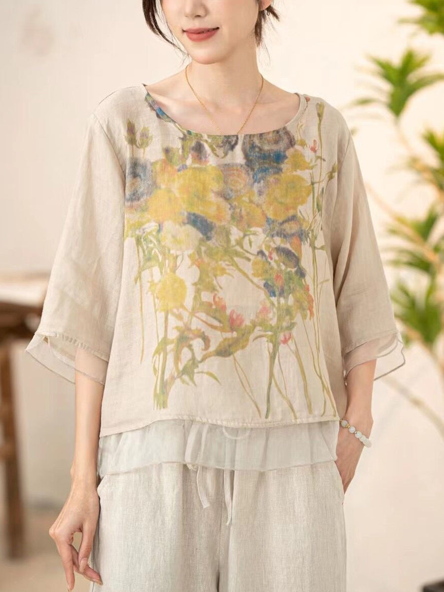 Women Summer Vintage Flower Spliced O-Neck Shirt XX1034