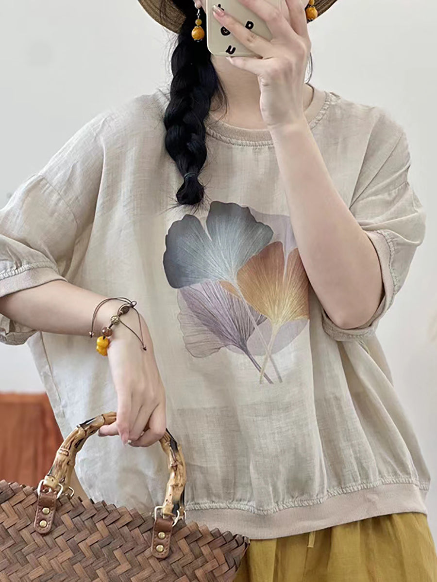 Women Summer Leaf Ramie Thin Pullover Shirt XX1039