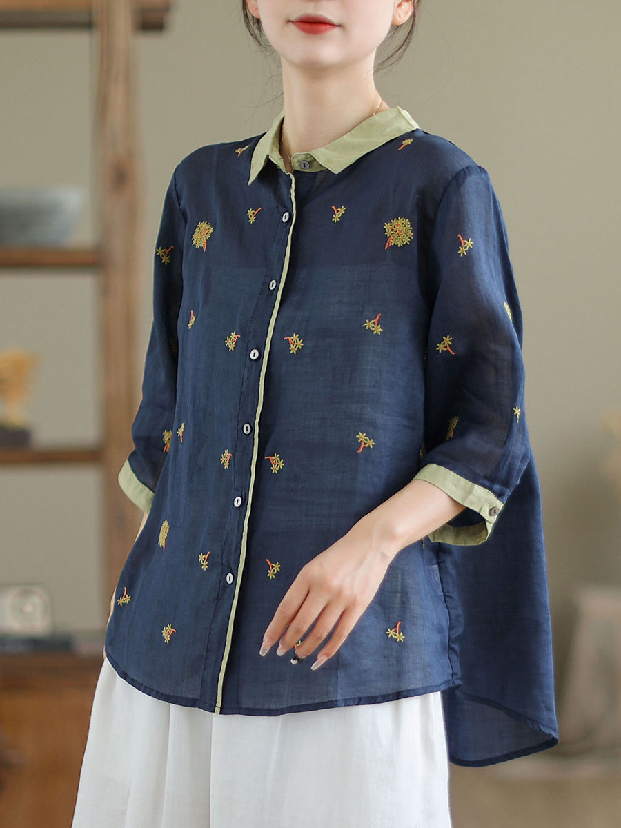 Women Spring Artsy Embroidery Colorblock Ramie Shirt XX1044