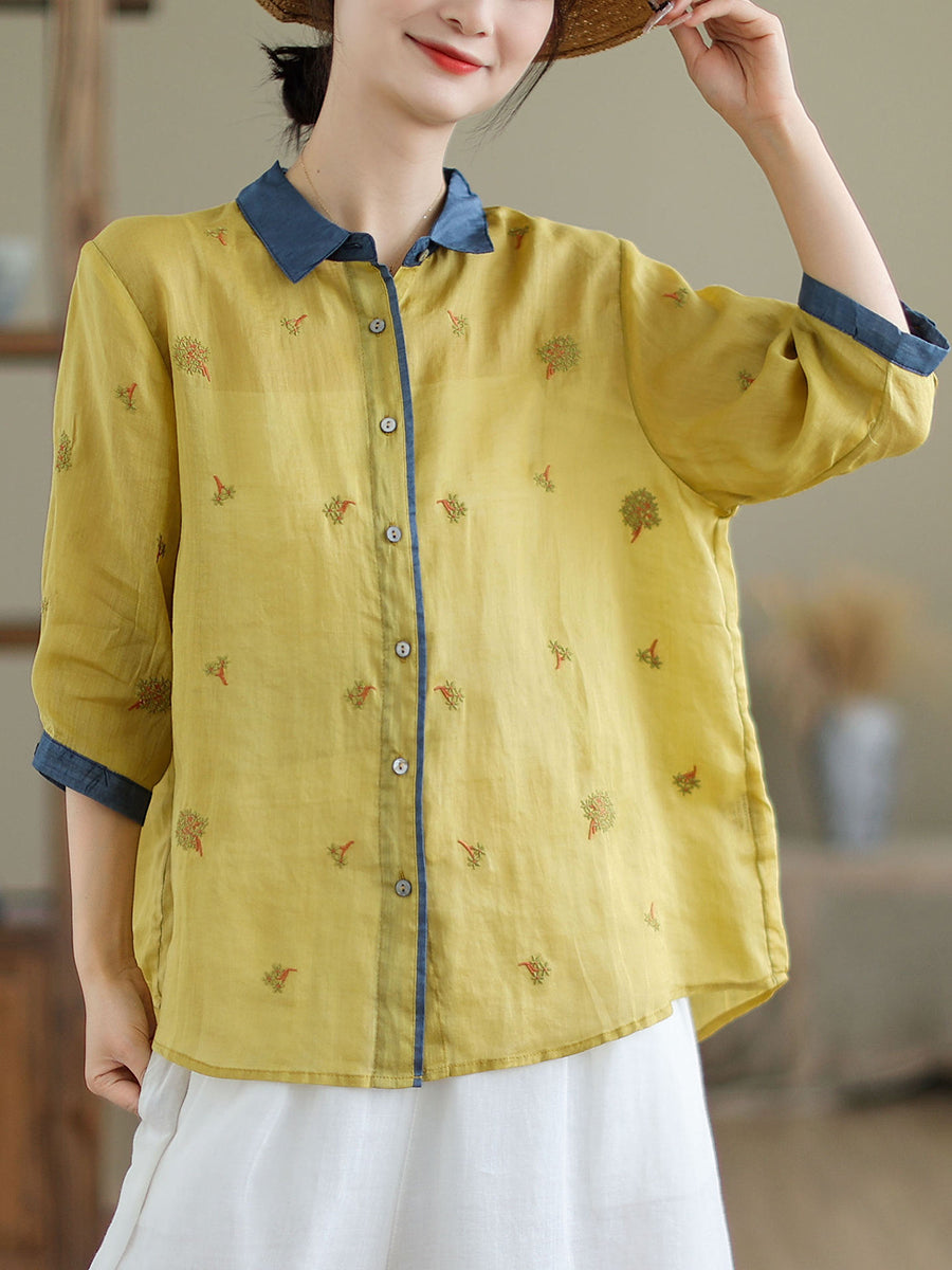 Women Spring Artsy Embroidery Colorblock Ramie Shirt XX1044