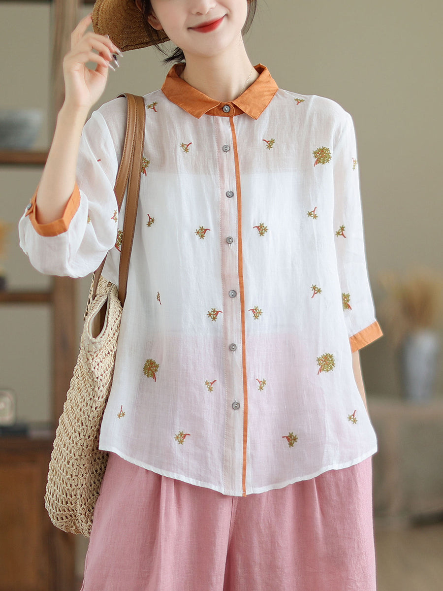 Women Spring Artsy Embroidery Colorblock Ramie Shirt XX1044