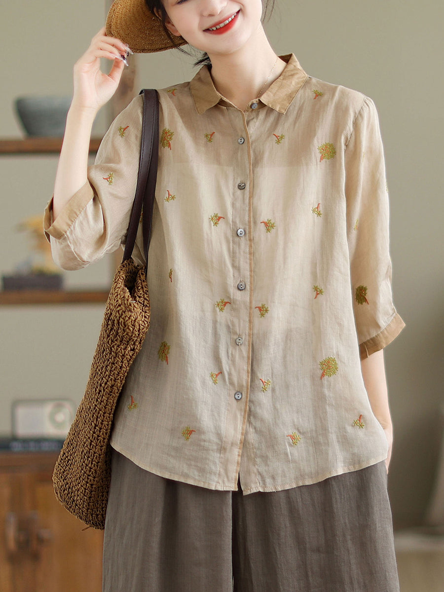 Women Spring Artsy Embroidery Colorblock Ramie Shirt XX1044