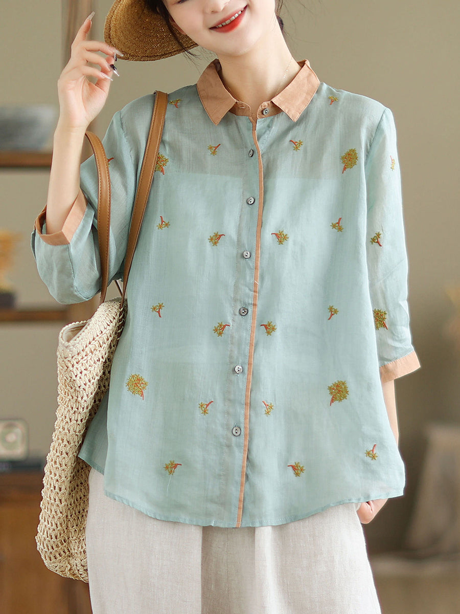 Women Spring Artsy Embroidery Colorblock Ramie Shirt XX1044