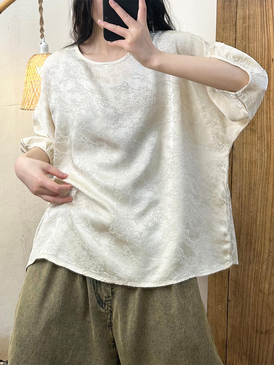 Women Vintage Summer Jacquard O-Neck Loose Shirt XX1056