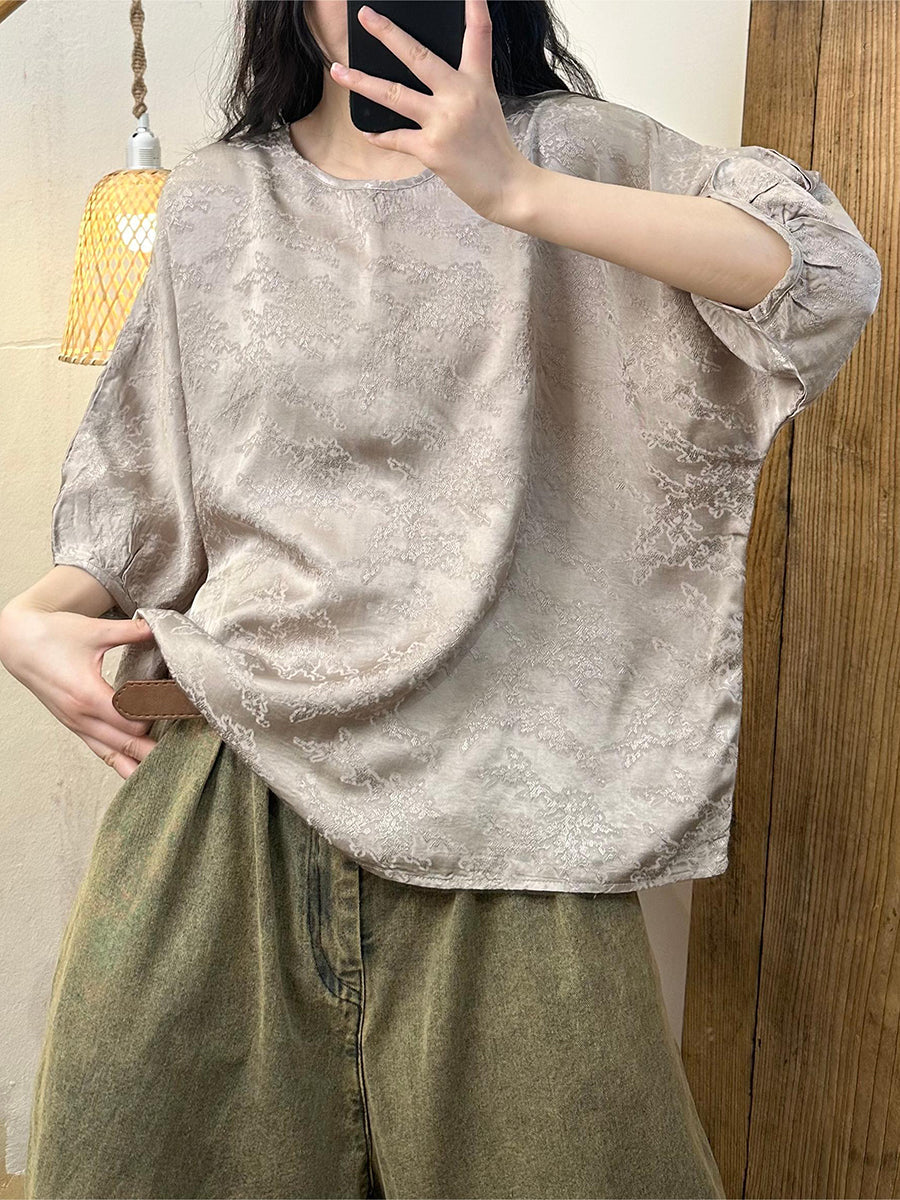 Women Vintage Summer Jacquard O-Neck Loose Shirt XX1056