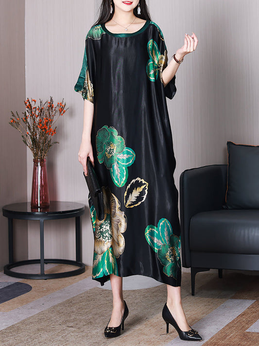 Women Summer Elegant Flower Silk Loose Dress XX1003