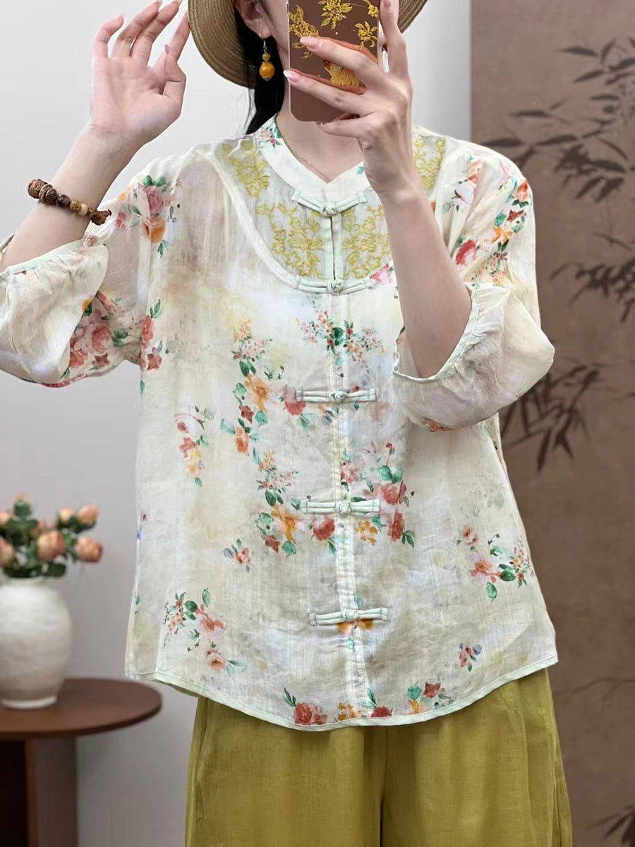 Women Summer Ethnic Flower Spliced Ramie Shirt XX1016