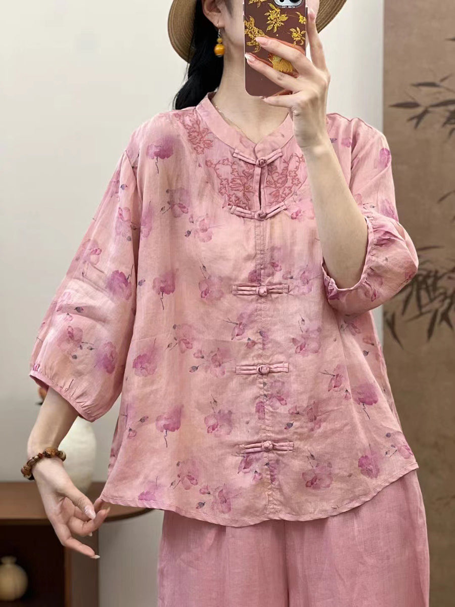 Women Summer Ethnic Flower Spliced Ramie Shirt XX1016