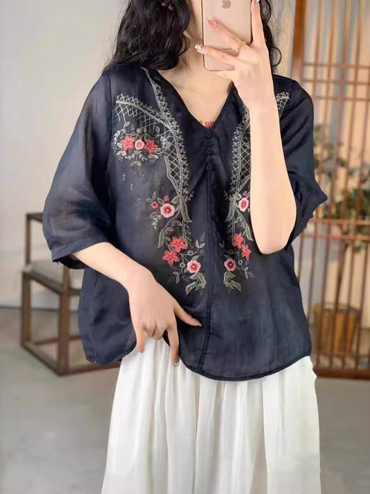 Women Vintage Floral Embroidery Ramie V-Neck Shirt XX1024