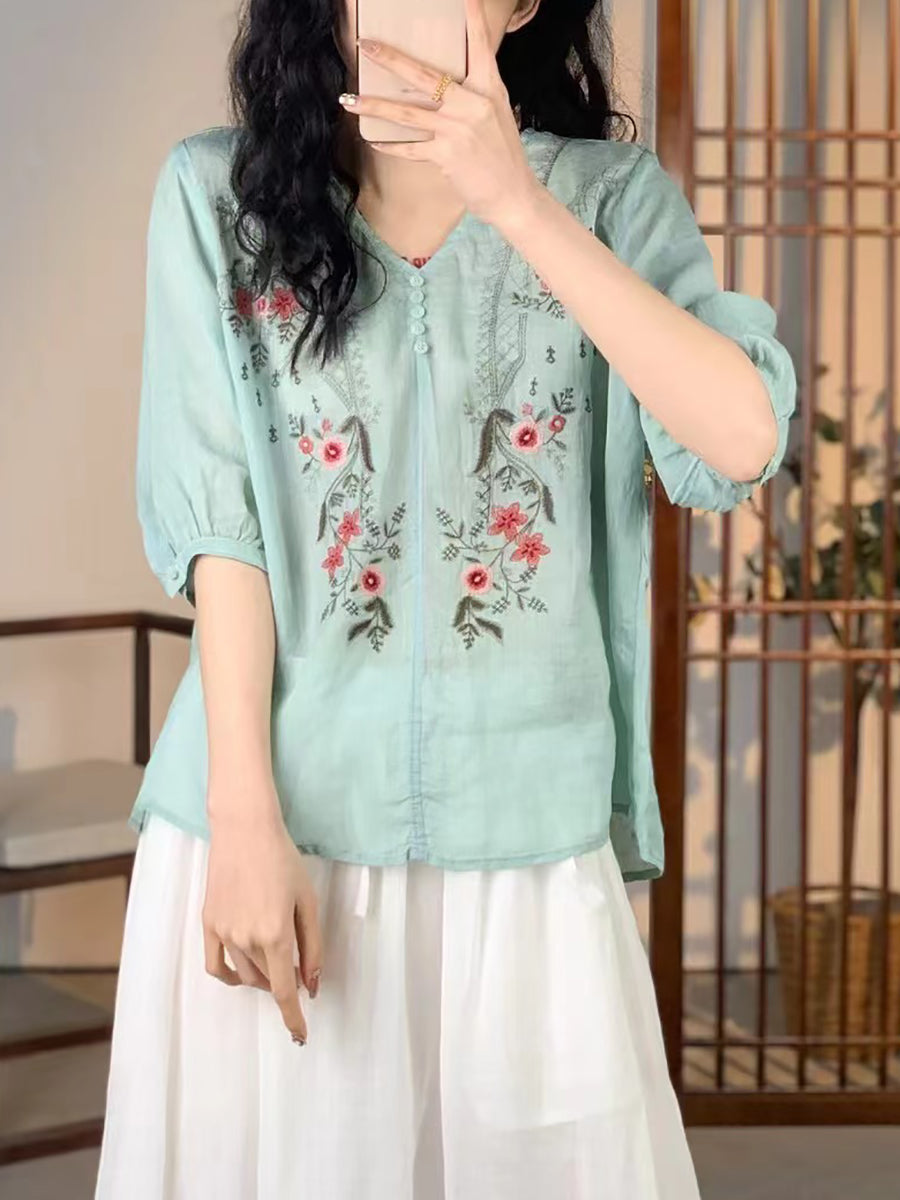 Women Vintage Floral Embroidery Ramie V-Neck Shirt XX1024