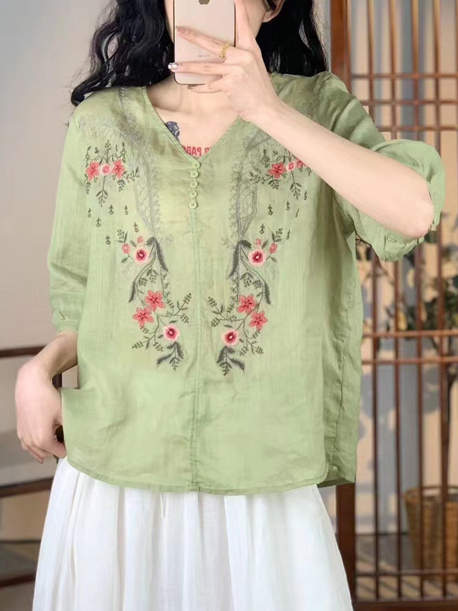 Women Vintage Floral Embroidery Ramie V-Neck Shirt XX1024