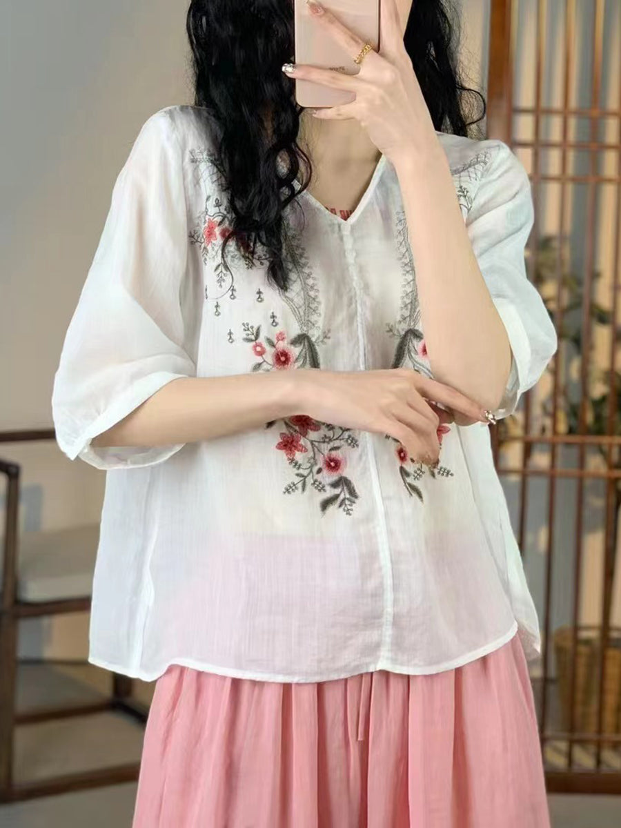 Women Vintage Floral Embroidery Ramie V-Neck Shirt XX1024