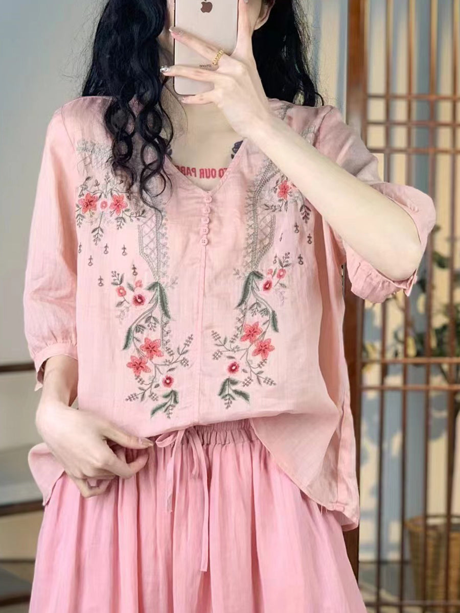 Women Vintage Floral Embroidery Ramie V-Neck Shirt XX1024