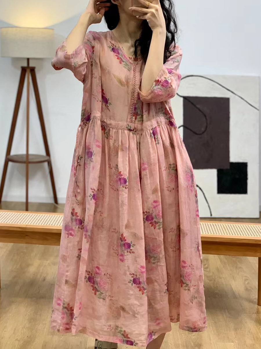 Robe d'été à col en V en ramie à fleurs vintage pour femme XX1028