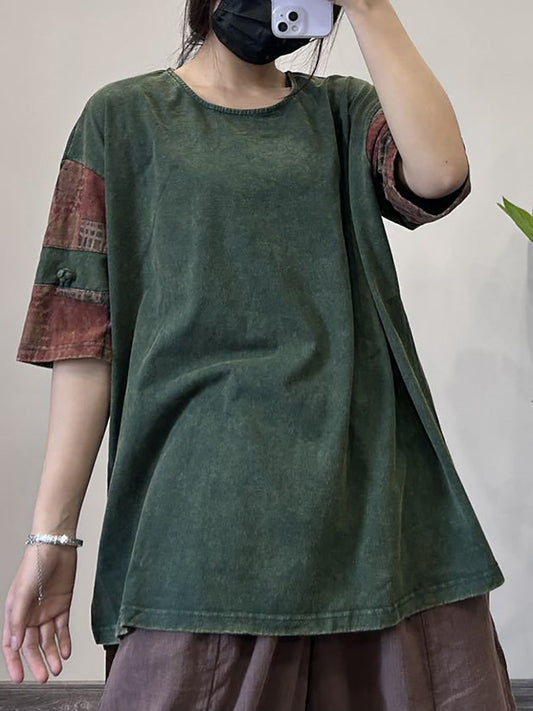 Women Retro Spliced Summer Loose O-Neck Shirt XX1031